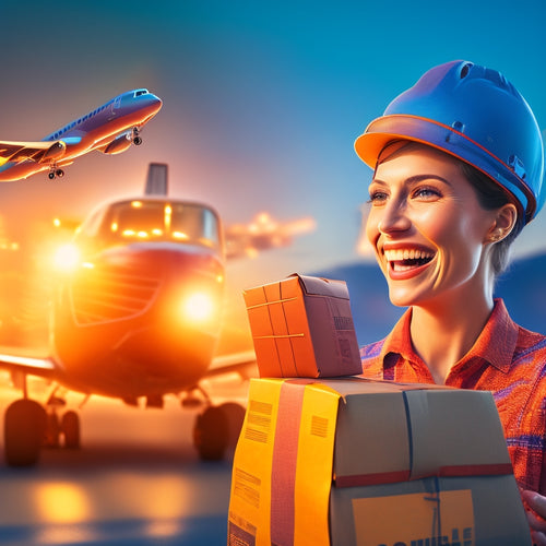 A stylized illustration of a smiling customer holding a package with a bright, glowing aura surrounding it, surrounded by swift delivery icons like airplanes and trucks in motion.