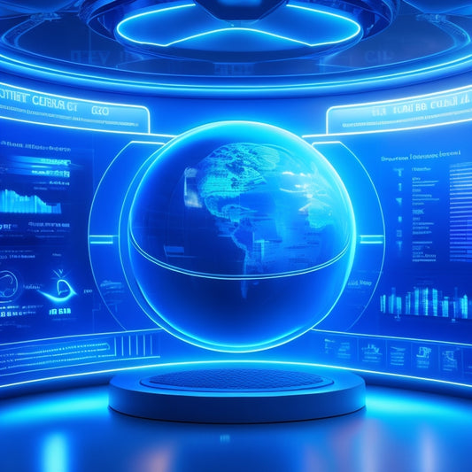 A futuristic, sleek e-commerce dashboard with glowing blue lines, a 3D globe, and minimalist icons, surrounded by faint, swirling clouds and subtle circuit board patterns in the background.