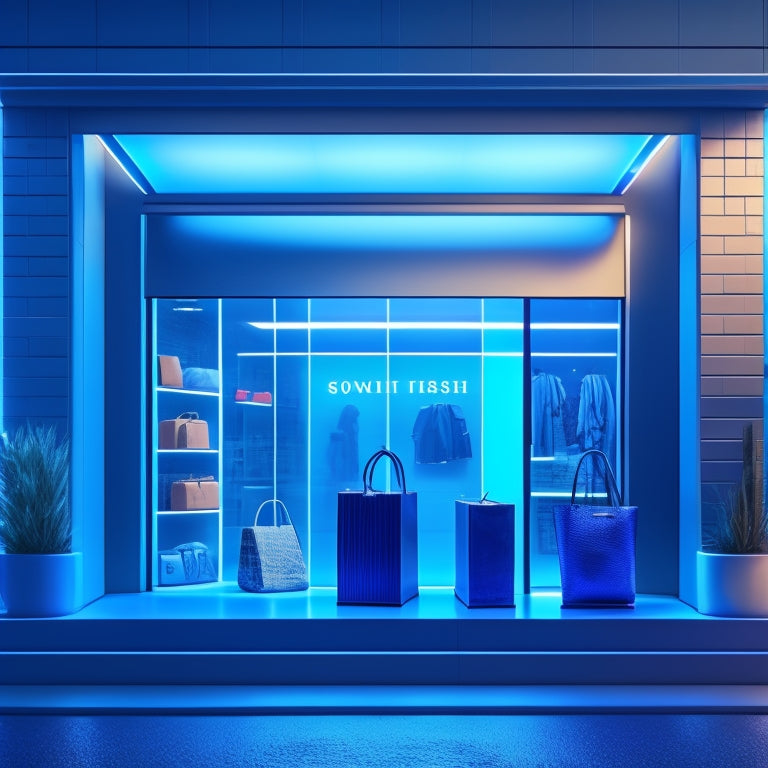 A stylized, modern illustration of a storefront with a subtle commerce theme, featuring a large, glowing shopping bag surrounded by faint e-commerce icons, set against a dark blue background with subtle gradient effects.