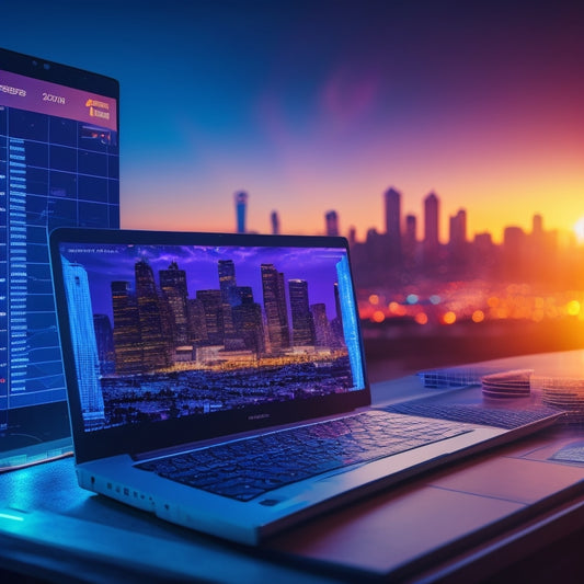 An illustration of a laptop with a rising graph on the screen, surrounded by coins and a shopping cart, set against a cityscape at sunset with neon lights and a subtle ecommerce-themed pattern.
