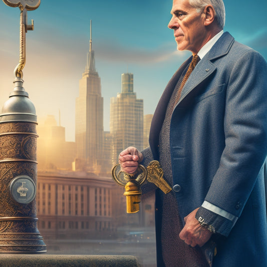 An illustration of a leader standing in front of a large, old, rusty lock, grasping a shining silver key, with a blurred cityscape in the background, symbolizing unlocking business growth.