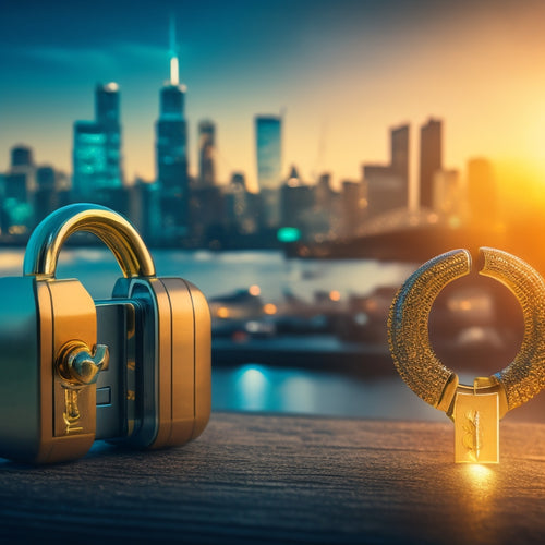 A golden key unlocking a padlock on a touchscreen, surrounded by blurred-out product icons and subtle graphs, with a cityscape or financial district in the background, symbolizing access to profitable pricing strategies.