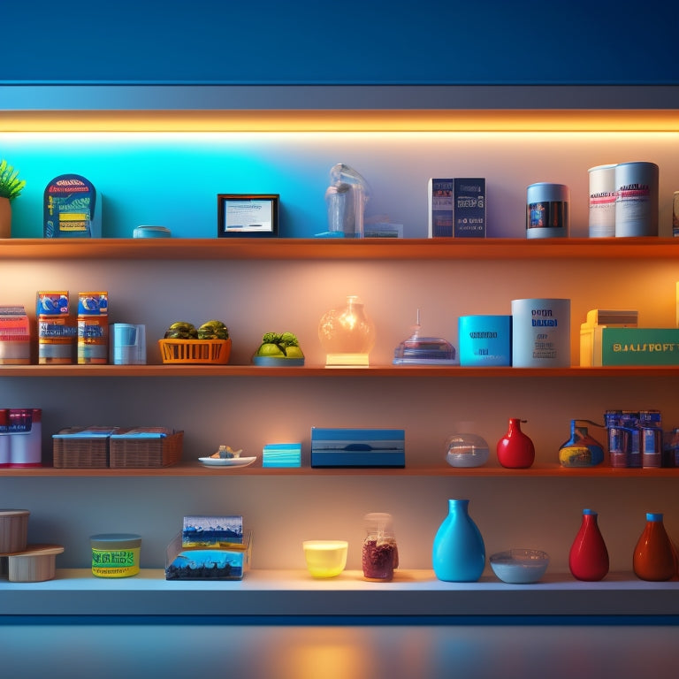 A stylized illustration of a digital shelf with optimized product placement, featuring a central hero product with a bright spotlight, surrounded by neatly organized and visually appealing digital product displays.