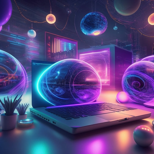 A futuristic e-commerce background with a 3D Shopify storefront in the center, surrounded by swirling digital waves and glowing orbs, with a few floating digital files and laptops nearby.
