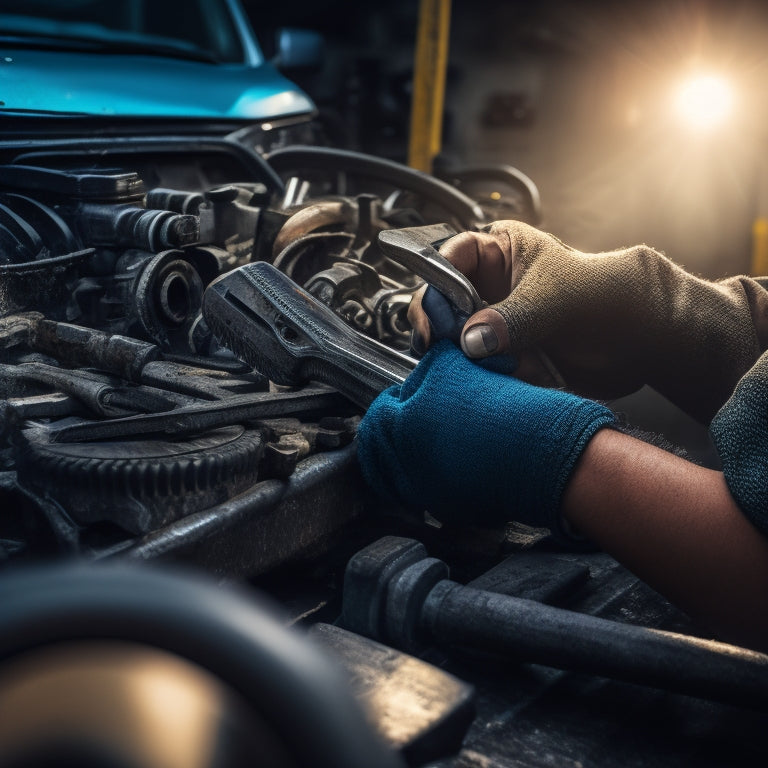 A close-up of a mechanic's hands holding a wrench, surrounded by various car parts and tools, with a blurred background of a garage or workshop, featuring a faint outline of a car in the distance.