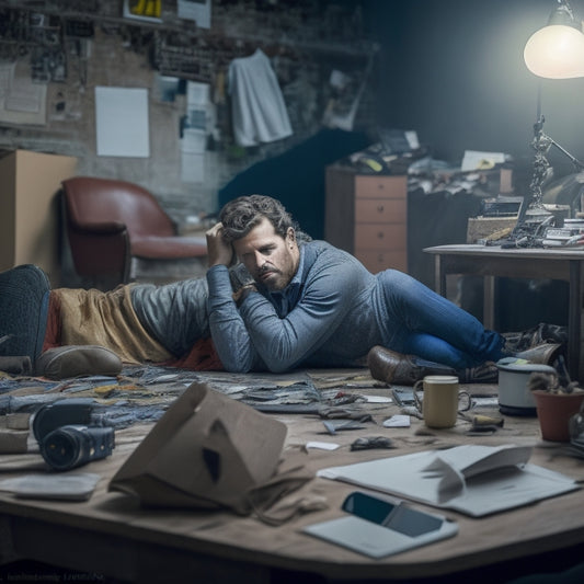 A worn-out ecommerce owner sitting in front of a cluttered desk, surrounded by scattered social media tabs on their laptop, with a broken smartphone on the floor and a discarded megaphone nearby.