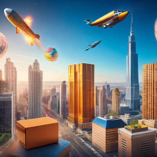 A vibrant, 3D illustration of an Amazon package bursting open, releasing a confetti explosion of money, trophies, and rockets, set against a cityscape backdrop with sleek, modern skyscrapers.