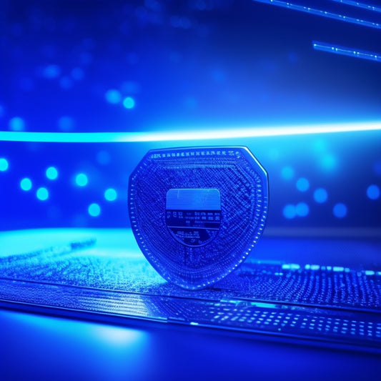 A shield with a credit card and laptop incorporated into its design, surrounded by a circle of interconnected nodes and glowing blue lines, on a dark blue background.