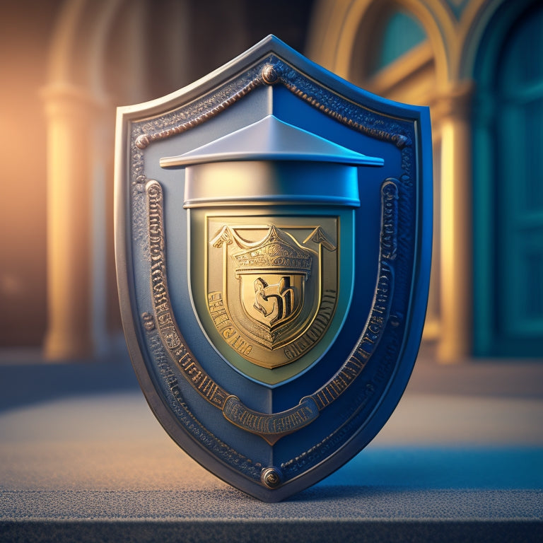 A shield icon incorporating a graduation cap, surrounded by a circle of interconnected locks, with a faint background of a university campus, conveying safety and security in online transactions.