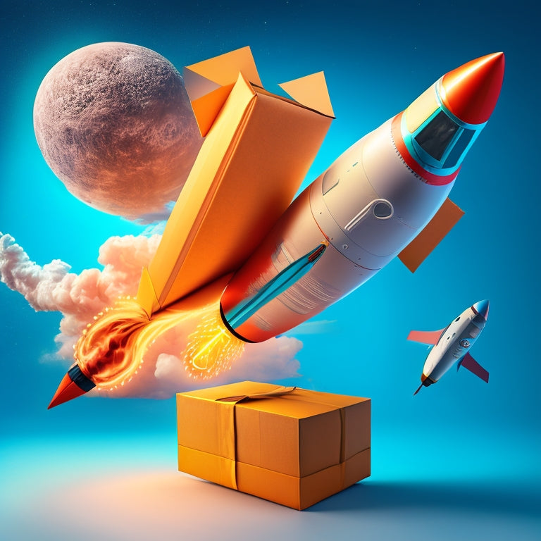 A stylized, modern illustration of a rocket ship blasting off from a shipping box, surrounded by orbiting packages and curved lines suggesting speed and trajectory.