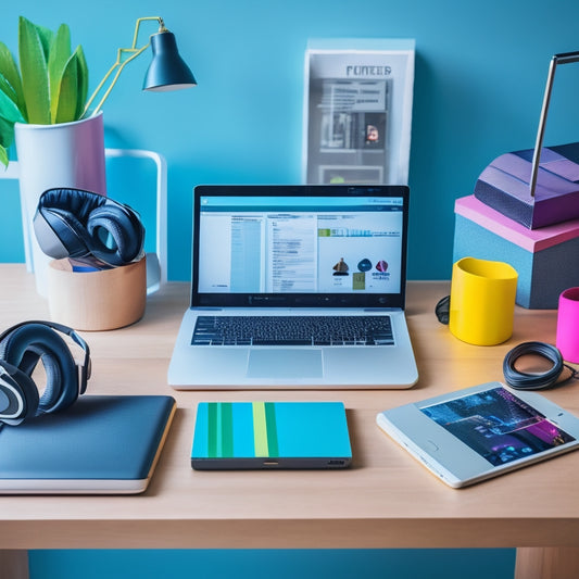 A futuristic, sleek, and modern desk with a laptop, a tablet, and a smartphone, surrounded by colorful sticky notes, a pair of headphones, and a few scattered e-commerce icons.