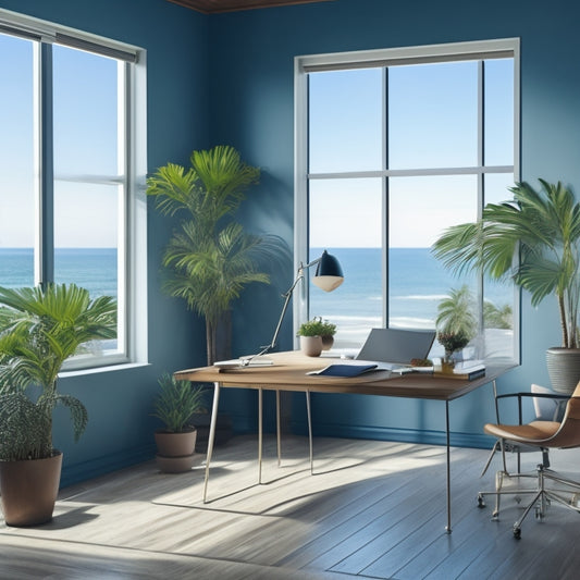 A serene, sun-drenched office with lush greenery, a minimalist desk, and a few scattered playing cards, surrounded by calm, blue-gray walls and large windows with a subtle ocean view.