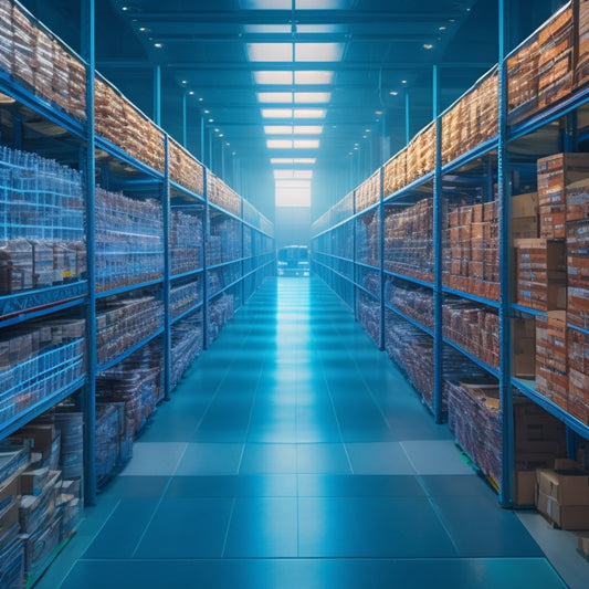A futuristic, high-tech warehouse with shelves filled with boxes and parcels, robots and drones navigating through aisles, and a massive screen displaying real-time analytics and sales data in the background.