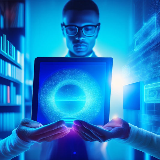 A stylized illustration of a person confidently holding a tablet, surrounded by floating digital products (e.g., ebooks, courses, software) with glowing blue lines and circuits, set against a bright, gradient blue background.