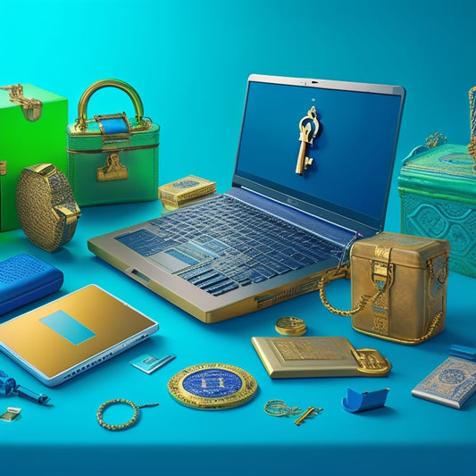 A golden key unlocking a treasure chest overflowing with diverse digital products, surrounded by laptops, tablets, and e-learning icons, set against a gradient background of blue and green hues.