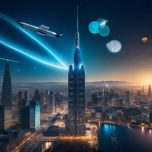 An illustration of a rocket ship soaring above a cityscape, with commerce icons like shopping carts and coins orbiting around it, surrounded by glowing circuits and wires, symbolizing digital elevation.