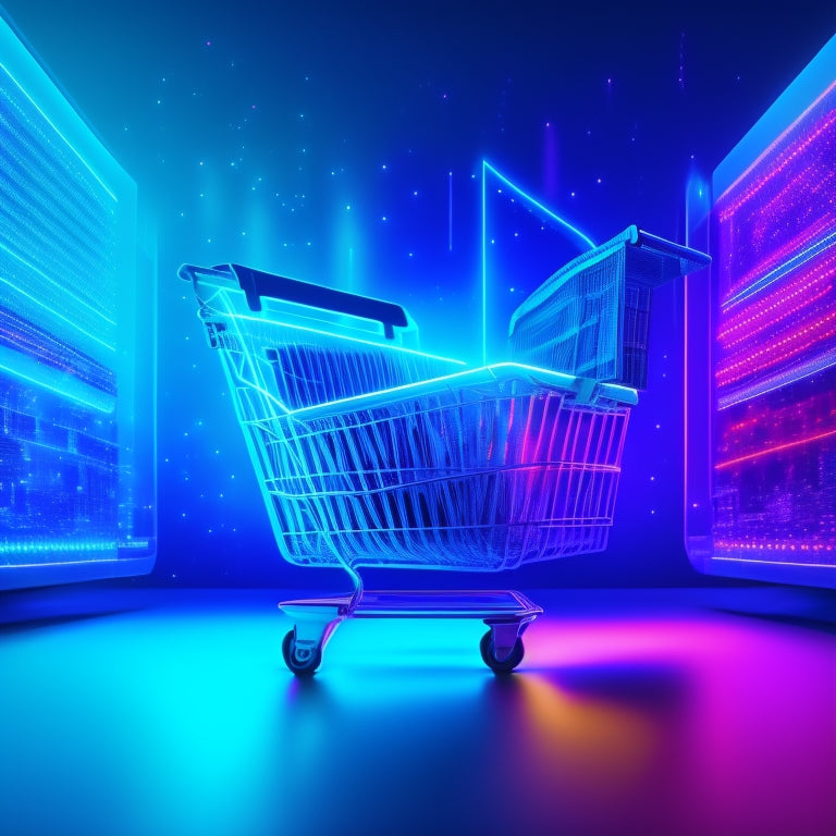 A futuristic, sleek, and minimalist illustration depicting a stylized online shopping cart bursting out of a laptop screen, surrounded by swirling digital code, circuit boards, and glowing neon lights.