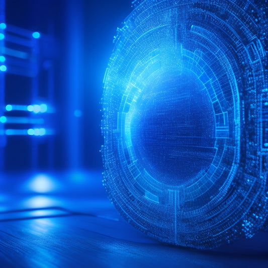 A futuristic, dark blue background with glowing, interconnected nodes and lines, resembling a digital network. A silver key, surrounded by a halo of light, unlocks a padlock at the center.