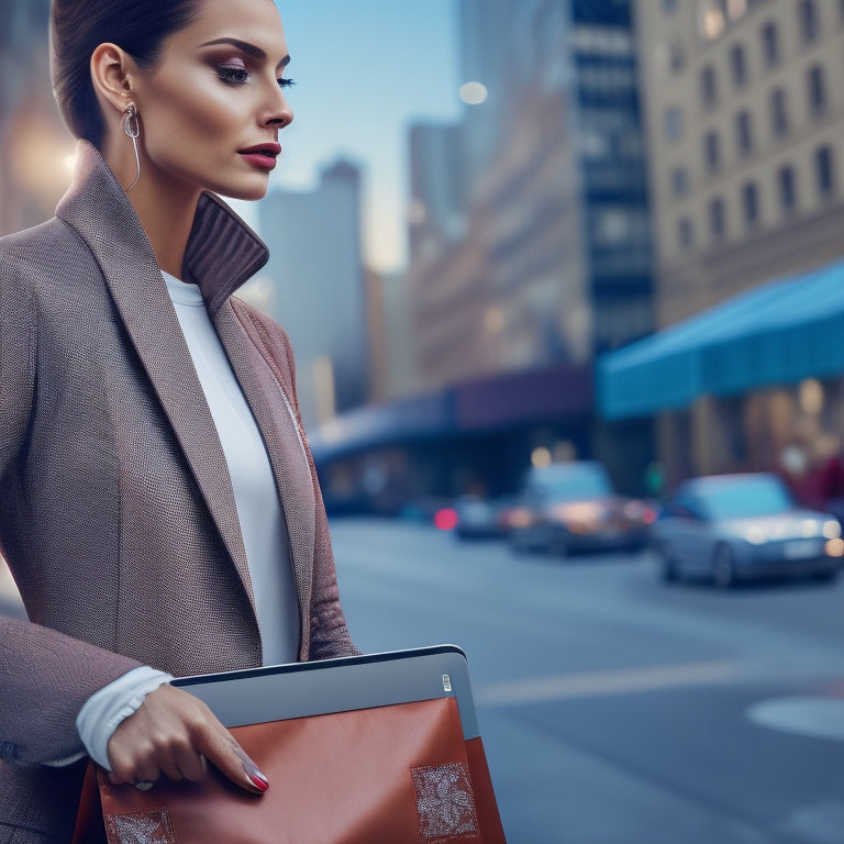 An illustration of a person confidently holding a tablet with a Joomla ecommerce website on the screen, surrounded by shopping bags, credit cards, and a subtle cityscape in the background.