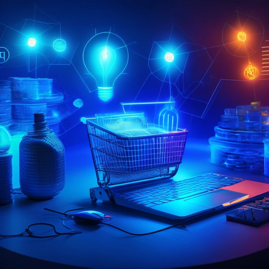 A stylized illustration of a laptop with a glowing lightbulb above it, surrounded by miniature icons of shopping carts, coins, and graphs, set against a dark blue background with subtle digital circuit patterns.