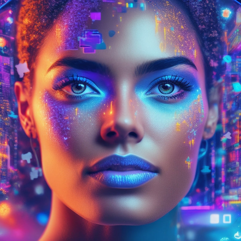 A vibrant, futuristic illustration of a person surrounded by glowing digital download icons, with puzzle pieces fitting together to form a satisfied customer's face, amidst a background of swirling ones and zeros.