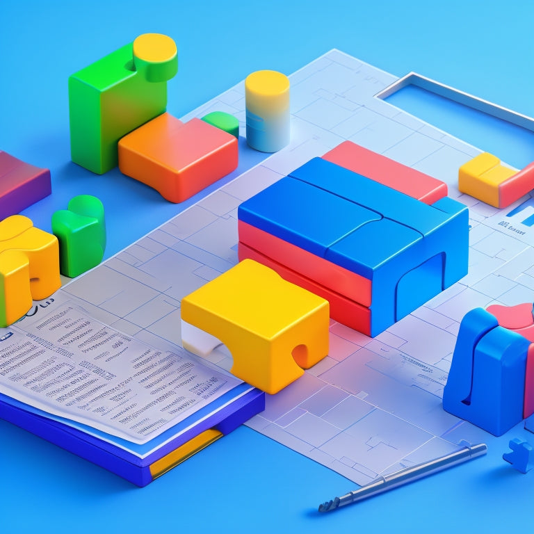 A vibrant, 3D illustration of a keyword-filled puzzle pieces coming together to form a Google search bar, surrounded by rising charts and graphs, set against a bright blue background with subtle SEO symbols.