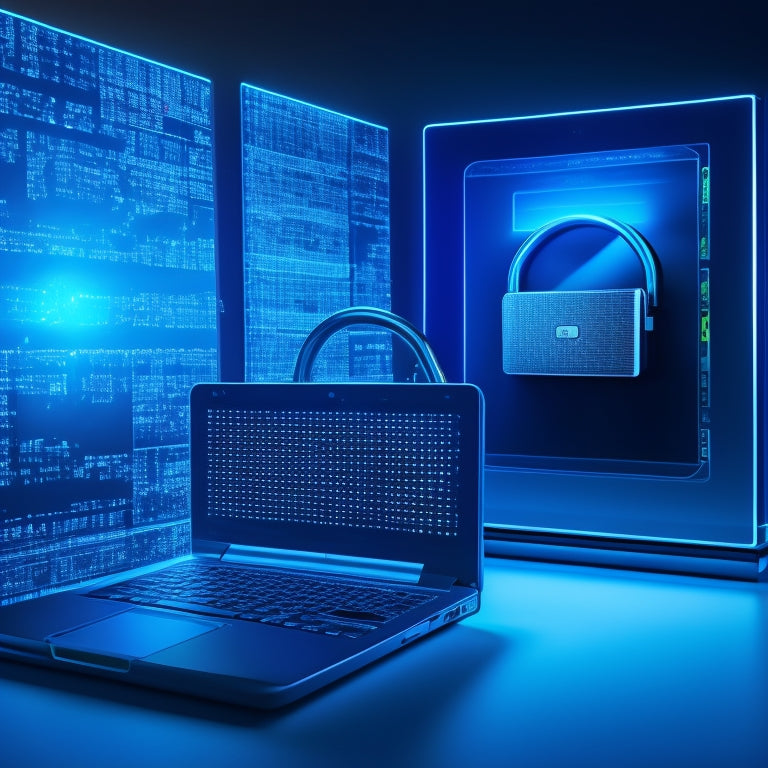 A split-screen illustration featuring a padlock with a glowing keyhole on the left, and a laptop with a shopping cart and a rising graph on the right, set against a dark blue background with subtle cybersecurity patterns.