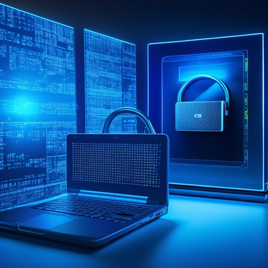 A split-screen illustration featuring a padlock with a glowing keyhole on the left, and a laptop with a shopping cart and a rising graph on the right, set against a dark blue background with subtle cybersecurity patterns.