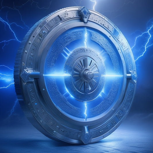 A shield with a lightning bolt striking it, surrounded by a circle of interconnected gears and circuits, with a subtle gradient of electric blue and silver tones.