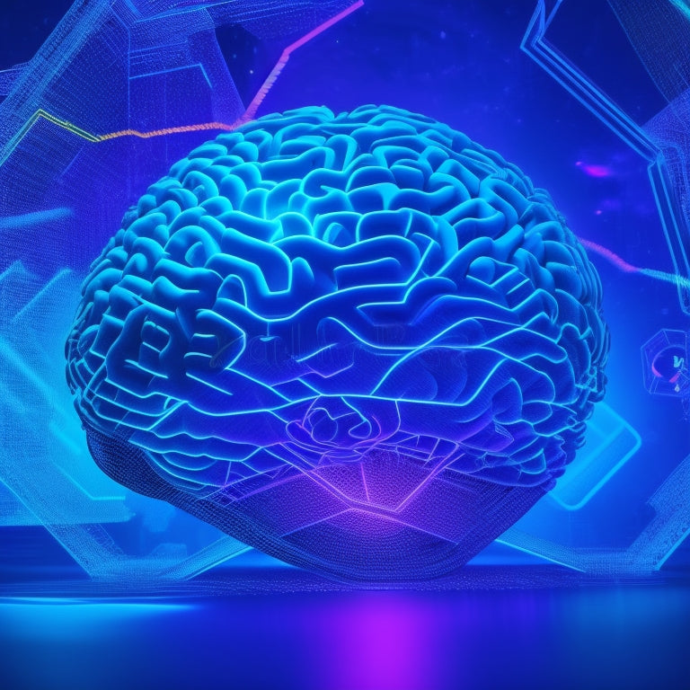 A futuristic, glowing brain surrounded by orbiting circles, each containing a different corporate symbol (e.g. briefcase, graph, etc.), with vibrant, radiating lines connecting them in a dynamic, 3D network.