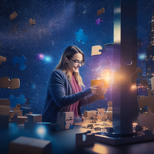 An illustration of a customer surrounded by orbiting puzzle pieces, each piece featuring an online shopping element (e.g. fast shipping, easy returns, personalized recommendations), with a glowing core representing loyalty.