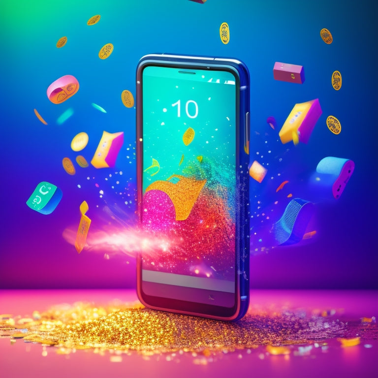 A colorful, modern illustration of a smartphone screen displaying TikTok, with digital products (ebook, online course, software) bursting out, surrounded by money symbols, confetti, and a rising graph in the background.