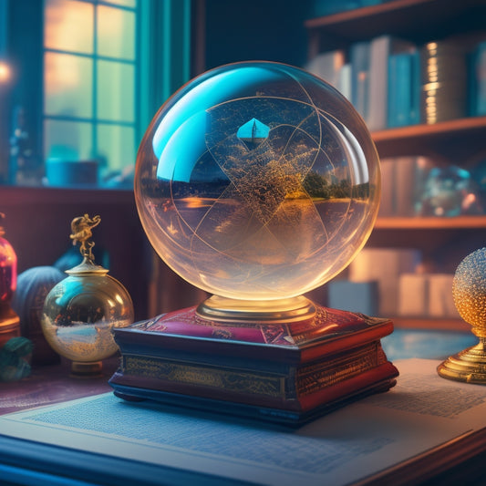 A stylized illustration of a crystal ball with a subtle glow, surrounded by scattered inventory items (e.g., boxes, crates, and shelves) and faint, swirling graphs in the background.