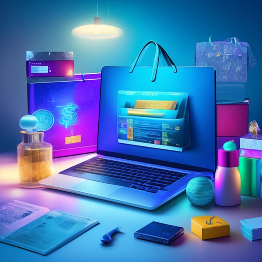 A stylized illustration of a laptop with a glowing screen, surrounded by various icons of online courses, shopping bags, and dollar signs, set against a bright and colorful background with subtle gradient effects.