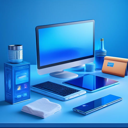 A futuristic, sleek, and modern illustration of a merchant's desk with a tablet and smartphone displaying digital payment interfaces, surrounded by innovative gadgets and devices, set against a gradient blue background.