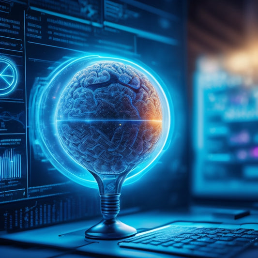 A futuristic, neon-lit magnifying glass hovering above a digital brain, surrounded by glowing blue circuits and orbiting market trend graphs, with puzzle pieces fitting together in the background.