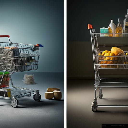 A split-screen image featuring a cluttered, abandoned shopping cart on the left, with a few scattered products and a broken wheel, and a sleek, organized cart on the right, with products neatly arranged and a glowing checkout button.