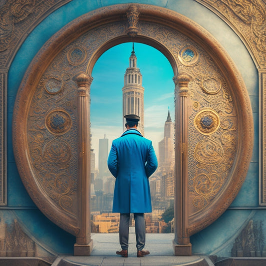 An illustration of a person standing confidently in front of a large, ornate keyhole, with a cityscape or community in the background, symbolizing access to information and protection of rights.