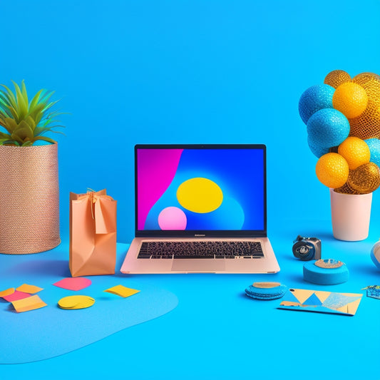 A stylized illustration of a laptop open to an e-commerce website built on Squarespace, surrounded by scattered product mockups, shopping bags, and confetti, set against a bold, gradient blue background.