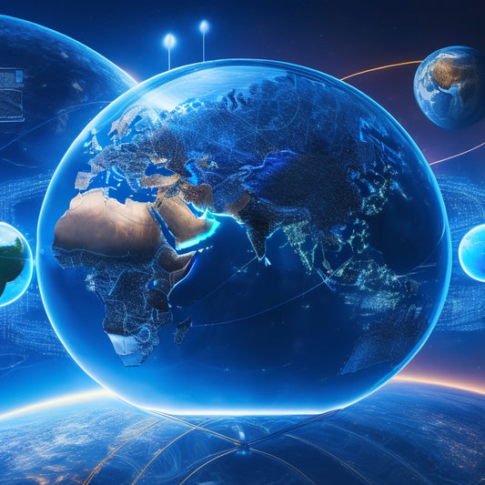 A futuristic, high-tech illustration of a globe surrounded by orbiting digital payment icons, with glowing blue circuits and wires connecting merchants, consumers, and devices in a seamless ecommerce ecosystem.