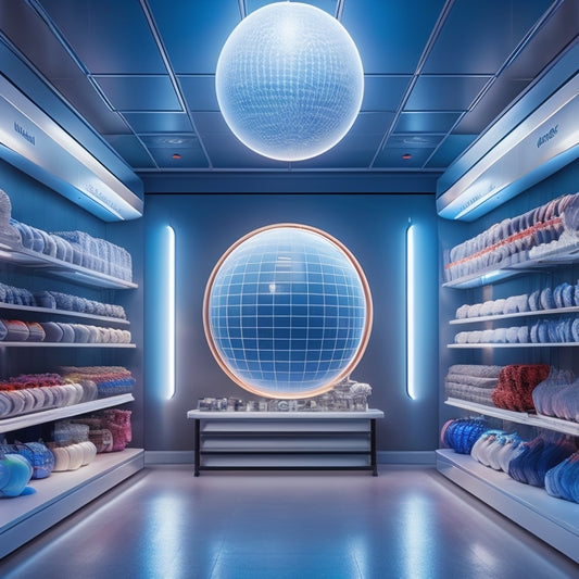 A futuristic retail store with shelves and racks organized by a subtle grid system, featuring a large, translucent, glowing orb suspended from the ceiling, surrounded by orbiting product icons.