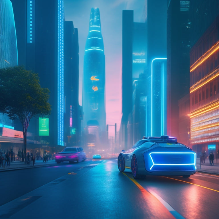 A futuristic cityscape with sleek skyscrapers, neon lights, and robots navigating through streets, surrounded by autonomous delivery drones, and holographic product displays floating above storefronts.