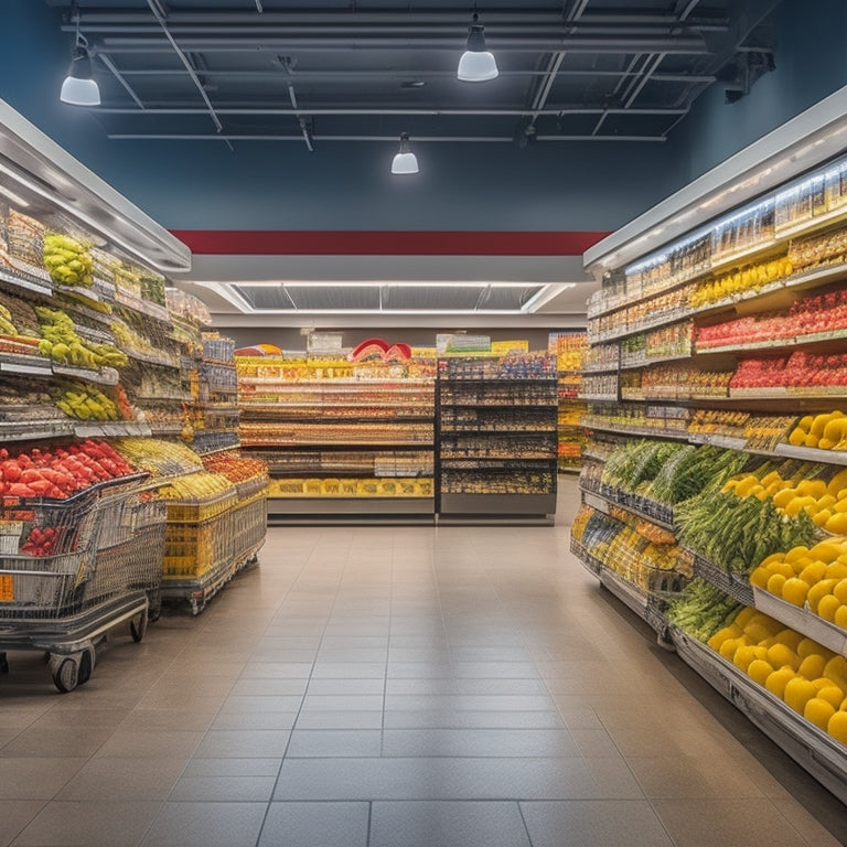 A clean, well-lit grocery store interior with rows of shelves stocked with fresh produce, a prominent "Inspected by the FDA" sticker on a refrigerated case, and a shopping cart in the foreground.