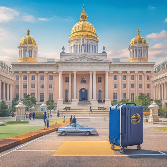 A stylized illustration of the Alabama state capitol building in the background, with a large, modern hub in the foreground, surrounded by various business icons (briefcase, laptop, etc.) in a vibrant color scheme.