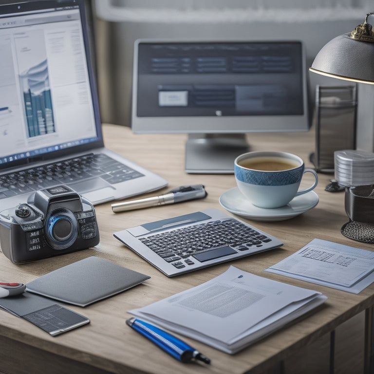 A professional workspace with a tidy desk, a laptop, and a stack of organized files, featuring a prominent commercial invoice with a pen and a calculator nearby, surrounded by subtle business-related icons.