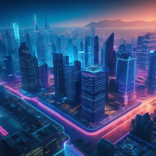 A futuristic cityscape with sleek skyscrapers, neon lights, and holographic screens displaying interconnected nodes, symbolizing a seamless service marketplace ecosystem.