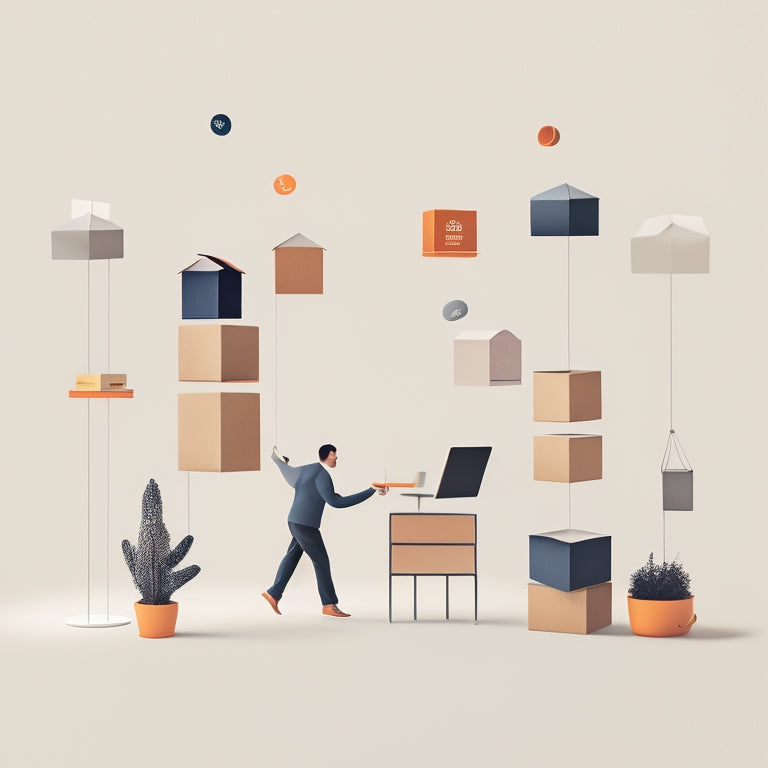 A minimalist, modern illustration featuring a person effortlessly juggling multiple Shopify storefronts on various devices, surrounded by subtle, swirling patterns of efficiency and productivity.