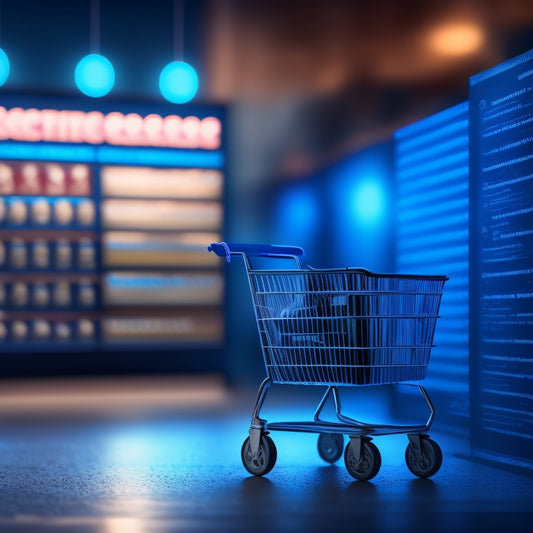 An illustration of a secured online store with a shield protecting a shopping cart, surrounded by warning signs and alarm systems, amidst a dark background with subtle hints of cyber threats.