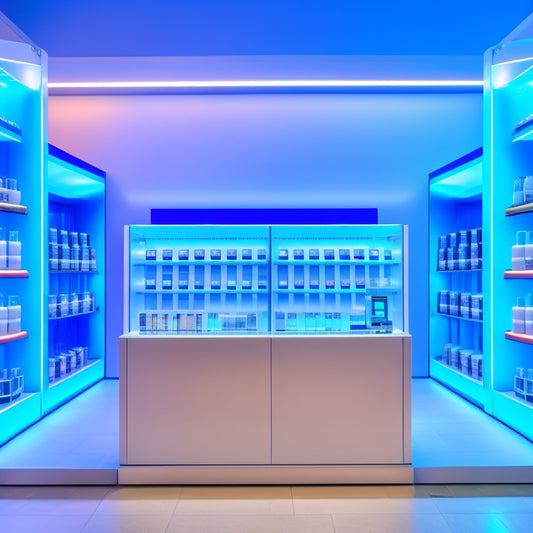 A futuristic retail storefront with sleek, silver shelves and LED lights, featuring a prominent Haws water dispenser and Dash-enabled smart shelves with glowing blue lines and circles.