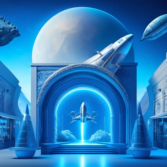 A futuristic, sleek, and modern illustration of a storefront with a rocket ship blasting off from the roof, surrounded by swirling arrows, gears, and currency symbols, set against a deep blue background.